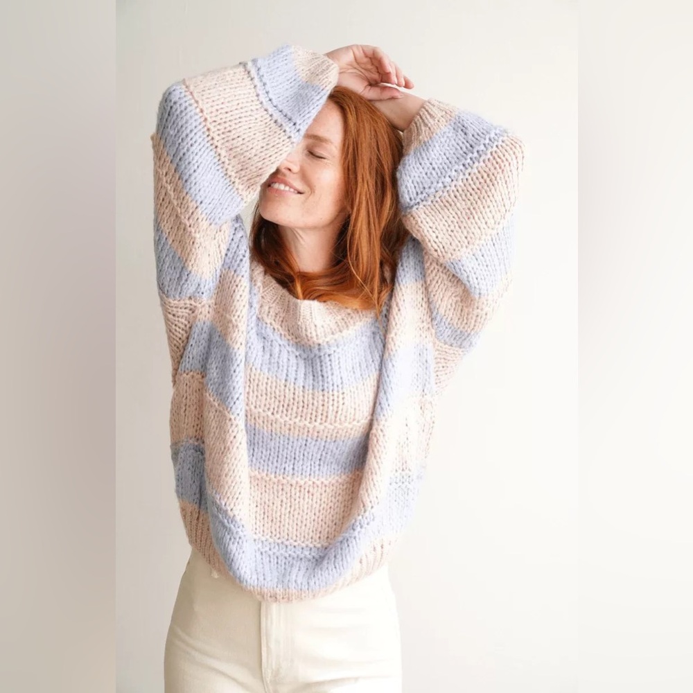 CJLA Quinn Sweater, Size S/M, Blue/Pink striped knit